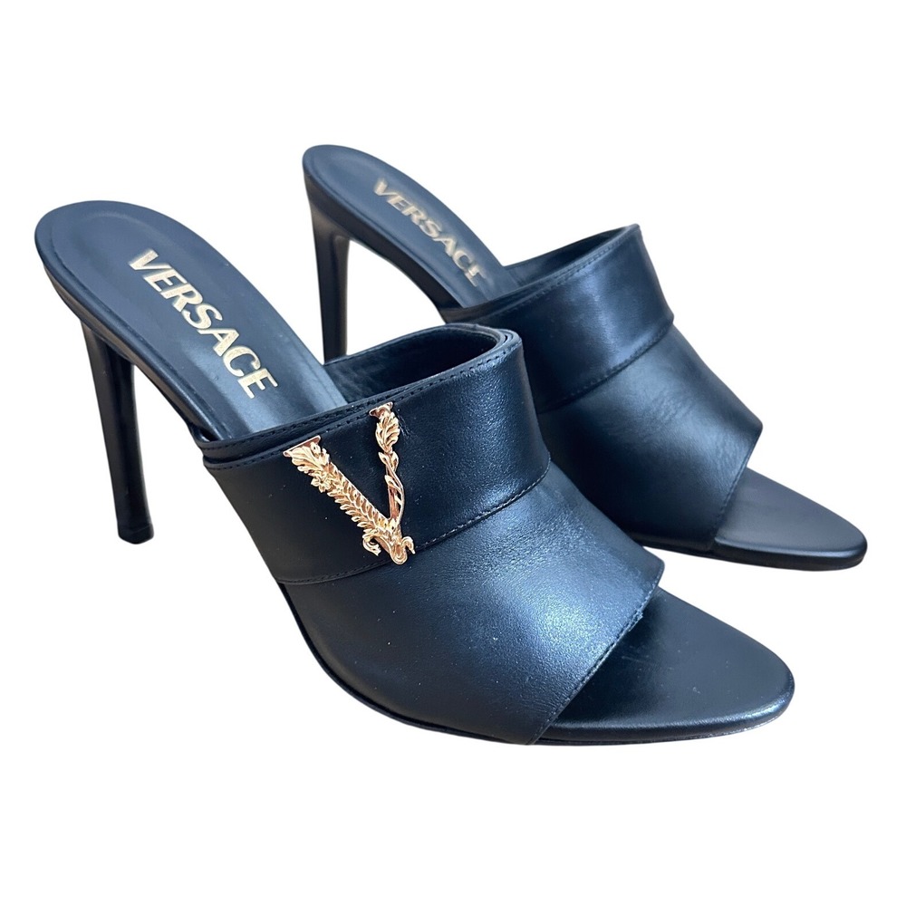 Versace Virtus Black Leather Mules Gold Barocco V Logo Stiletto Heels Size 36
